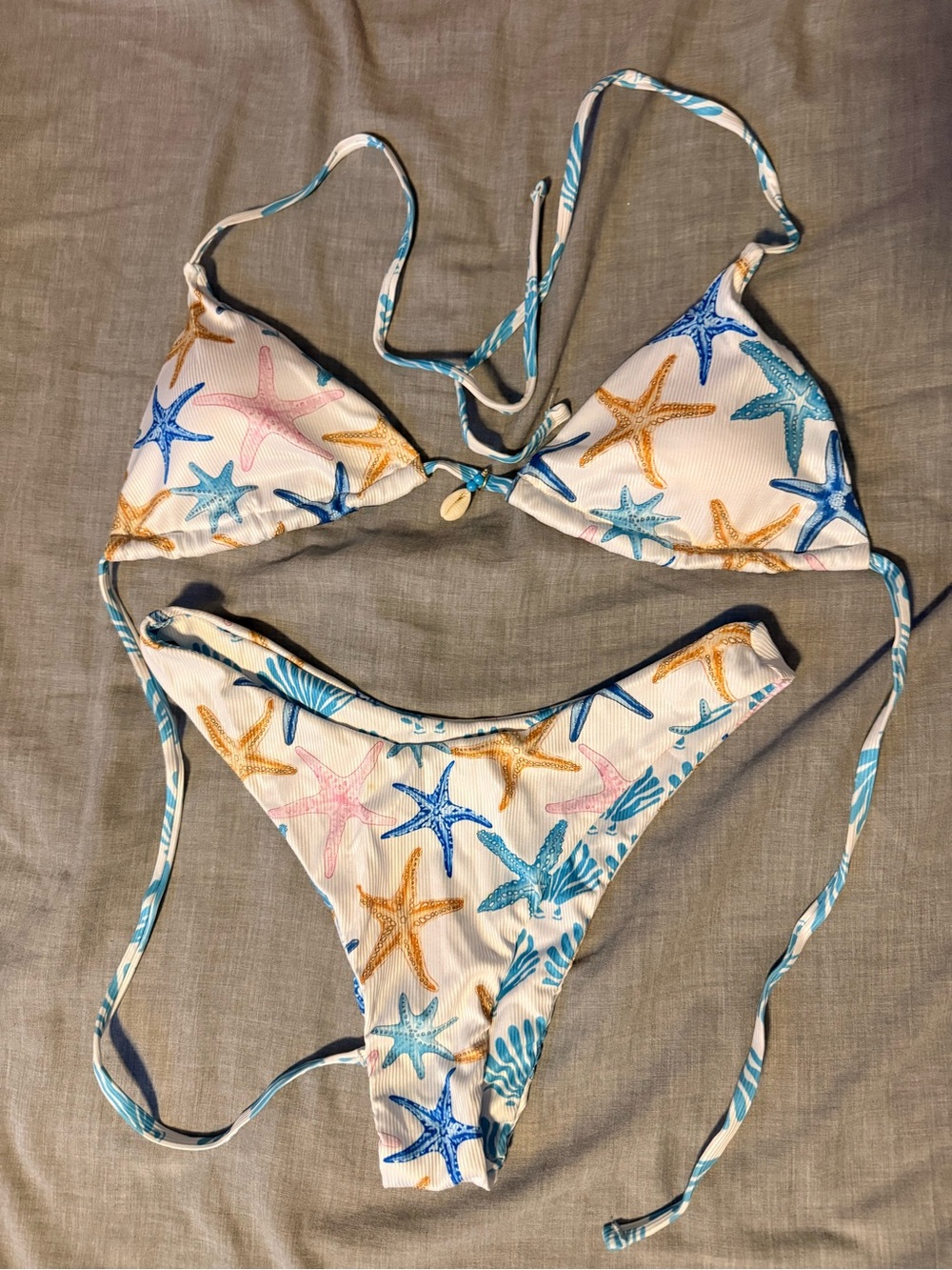 SHEIN White Starfish Print Triangle Bikini in Blue, Pink, and Tan